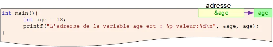 int age=18;
printf(""adresse : %p, valeur :%d",&age,age);