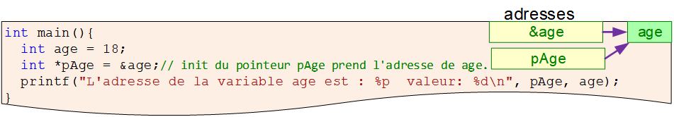 int age=18;
int *pAge = &age;
printf("adresse de age = %p",pAge);