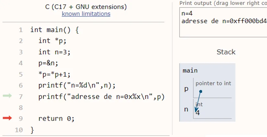 int *p;
int n=3;
p=&n;
*p = *p + 1:
printf("n=%d",n);