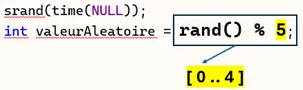 srand(time(NULL));
int val = rand() % 5;